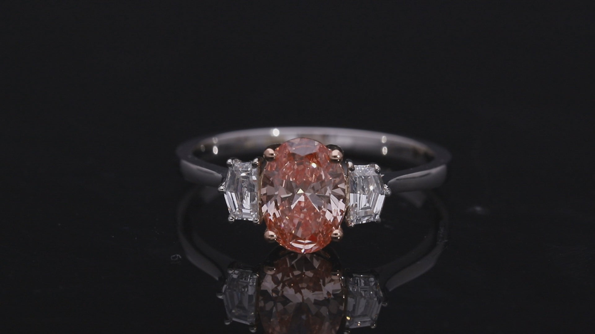 Pink Oval and Cadillac Cut Lab-Grown Diamond Three-Stone Engagement Ring